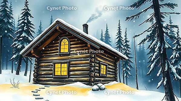 A wooden log cabin stands in a snowy forest at night, its yellow windows radiating warmth. Snowflakes gently fall, creating a serene winter atmosphere. AI generated [IBR123641875]