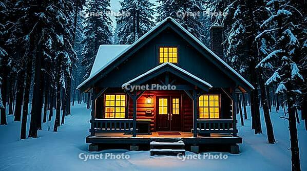 A warm wooden cabin stands in a snowy forest as dusk settles, with glowing windows inviting warmth amidst tall evergreen trees. Snowflakes gently fall around the peaceful winter scene. AI generated [IBR123641876]