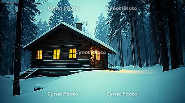 A log cabin with glowing windows stands in deep snow at night. Surrounding fir trees create a tranquil atmosphere, showcasing a peaceful winter scene. AI generated [IBR123641877]