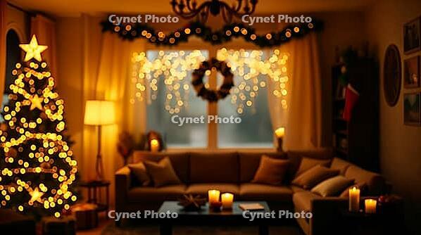 A warm and inviting living room adorned with a Christmas tree, twinkling lights, and candles. The space exudes a festive atmosphere, perfect for celebrating the holiday season. AI generated [IBR123641878]