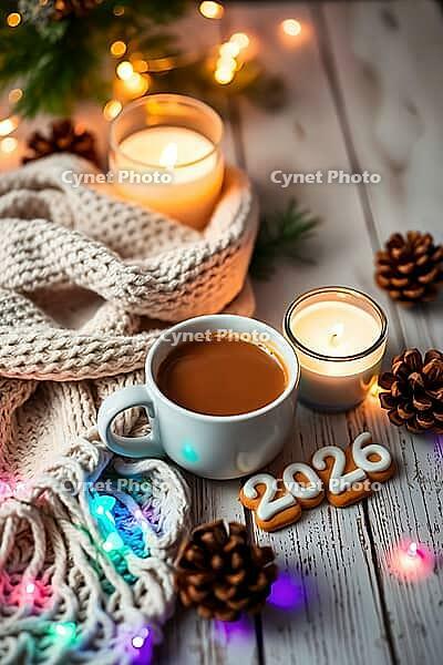Cozy winter evening with white knit scarf, cocoa cup, 2026 cookies, pine cones, candles, Christmas lights on a rustic wooden table. AI generated [IBR123641879]