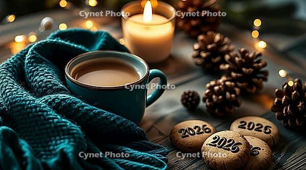 A rich teal wool scarf wraps around a cup of cocoa beside cookies marked with the New Year 2026 numbers. Soft candlelight and fairy lights set a warm, festive atmosphere on a rustic wooden table. AI generated [IBR123641880]