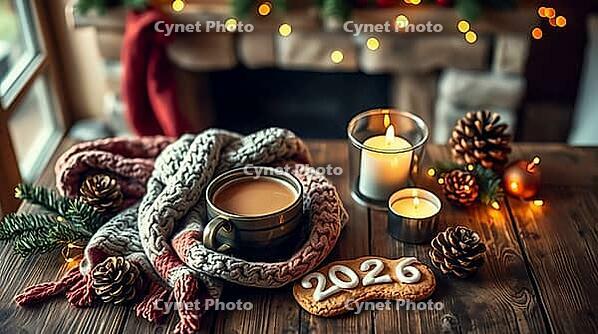 A cozy winter scene features a rustic wood table adorned with a wool scarf, cup of cocoa, lit candles, cookies, and pinecones. A fireplace glimmers with fairy lights in the background. AI generated [IBR123641881]