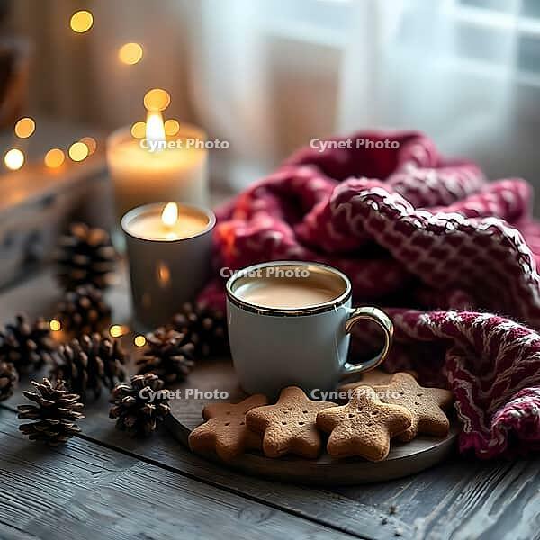 Warm cocoa sits next to star-shaped cookies on a wooden table covered with a wool scarf. Soft fairy lights and pinecones enhance the cozy, dreamy setting. AI generated [IBR123641882]