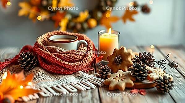 Warm autumn colors create a cozy atmosphere with a wooden table set with a cup of cocoa, orange knit scarf, cookies, pine cones, and a lit candle, adorned by a wool scarf and seasonal decor. AI generated [IBR123641883]