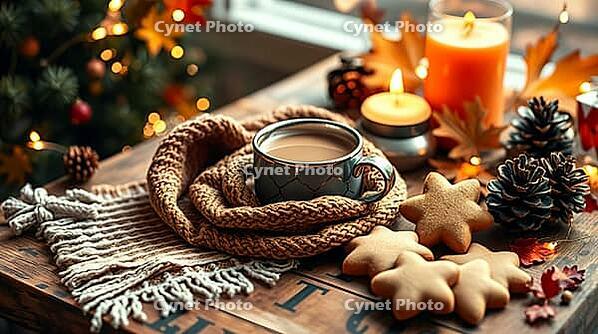 A cozy winter holiday scene features a cup of cocoa, a soft wool scarf, and fresh cookies on a wooden table. A candle flickers nearby, with a Christmas tree adding a festive touch. AI generated [IBR123641884]