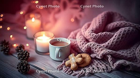 A warm scene features a soft wool scarf nestled next to a cup of cocoa, cookies, and flickering candles on a rustic wood table. Pinecones add a touch of nature to the cozy atmosphere. AI generated [IBR123641885]