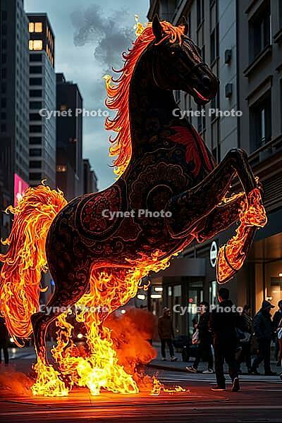 A stunning epic scene shows a fire horse, the symbol of the New Year 2026, standing tall on a crowded city street in the evening, with flames surrounding its legs. AI generated [IBR123641886]