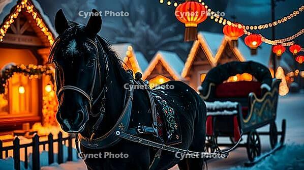 A festive black horse pulls a sleigh in a beautifully decorated winter park for the New Year and Xmas during the holiday season. AI generated [IBR123641887]