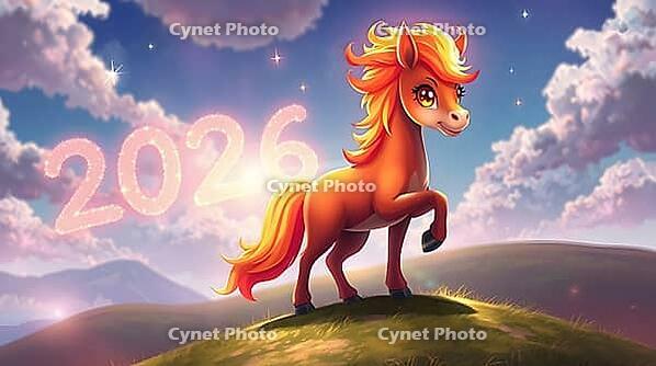 A vibrant fire horse with a glowing mane stands on a hill against the sky with the number of the upcoming New Year 2026 shining brightly, adding magic to the scene. AI generated [IBR123641888]