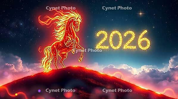 A magical fire horse, a symbol of the New Year 2026, with a shimmering, fiery mane rears on a grassy hill. 2026 glows brightly in the starry night sky above, creating an enchanting scene. AI generated [IBR123641889]