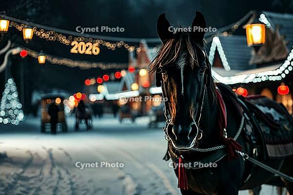 A beautiful black horse stands in a winter park adorned with lights and decorations for the 2026 holiday season. The atmosphere is cheerful, inviting visitors to enjoy the Christmas and New Year 2026 festivities. AI generated [IBR123641890]