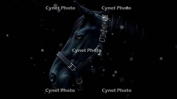A profile of a majestic black horse displays its head, wearing a beautifully embroidered halter with bells, as delicate snowflakes fall softly around it at night on a pure black background. AI generated [IBR123641891]