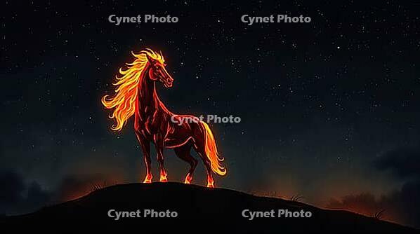 Fire horse with glowing fiery mane stands proudly on a hill under a starry night sky, symbol of the New Year 2026. AI generated [IBR123641892]