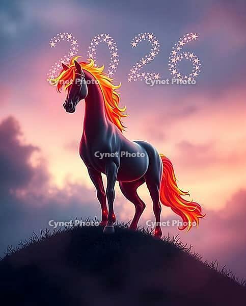 A majestic fire horse with a glowing mane stands tall on a hilltop. Bathed in a soft haze, it is illuminated by a vibrant sunset, and the New Year 2026 number in the sky adds a mystical touch to the scene. AI generated [IBR123641893]