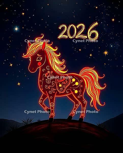 A beautiful fire horse with a glowing mane stands proudly on a hilltop against the New Year number 2026 sparkling in the starry sky during a magical night filled with wonder and fantasy. AI generated [IBR123641894]