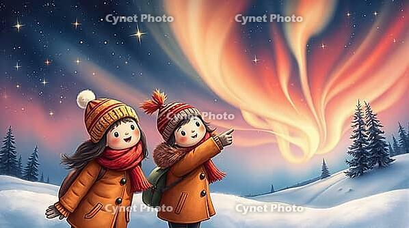 Two children dressed in cozy winter coats and hats watch the colorful northern lights dancing in the sky. Snow covers the ground, and pine trees stand in the background, creating a serene winter landscape scene. AI generated [IBR123641895]