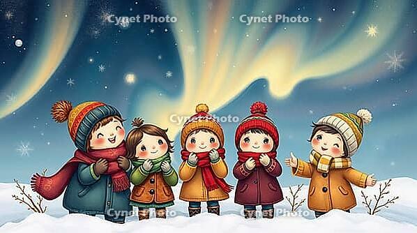 Five cheerful kids in colorful winter coats and scarves enjoy the caroling in the snow during a winter Christmas and New Year holidays. They stand in the snow, surrounded by a beautiful evening sky filled with colorful lights. AI generated [IBR123641896]