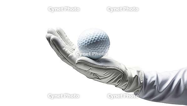 Golfer hand in a white leather glove holding a golf ball on a white background. Focus and concentration before the tournament. AI generated [IBR123641899]