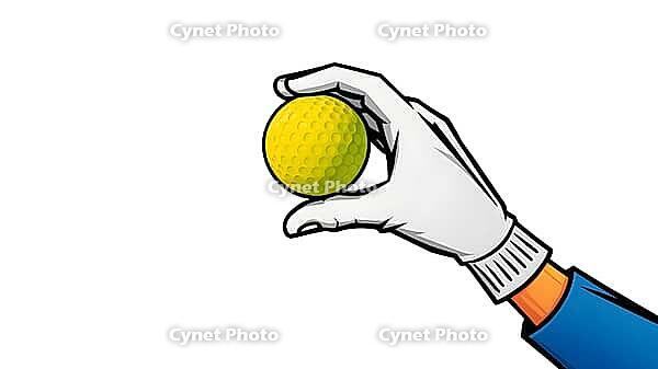 Cartoon golf player hand in a white glove holding a bright yellow golf ball, preparing to take a shot, on a plain white background. AI generated [IBR123641900]