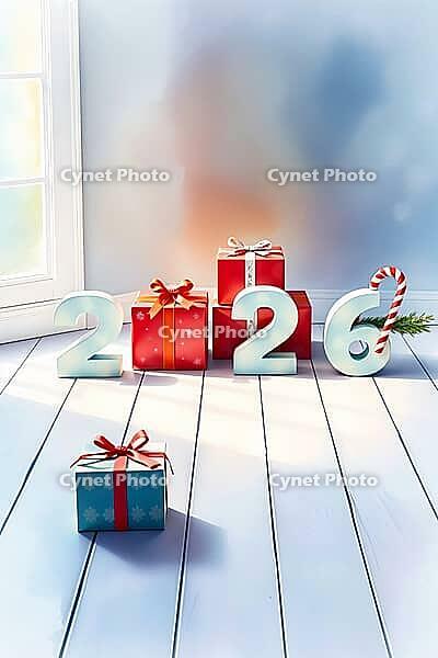 Christmas gift boxes in red and blue on a white wooden floor, with candy canes and 2026 3d digits. soft watercolor washes. AI generated [IBR123641901]