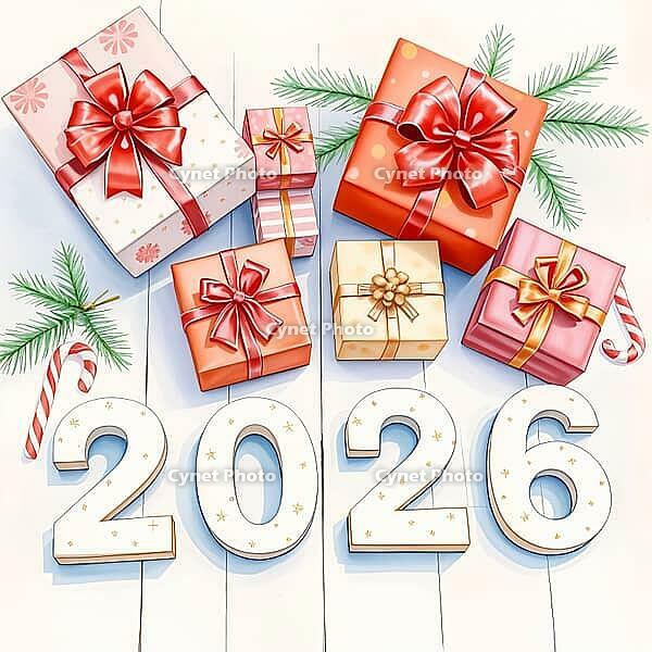 Christmas gift boxes with fir branches, candy canes, and the number 2026 on a white wooden floor, drawing style. They are adorned with fir branches and candy canes, creating a festive scene for the holiday season. AI generated [IBR123641904]