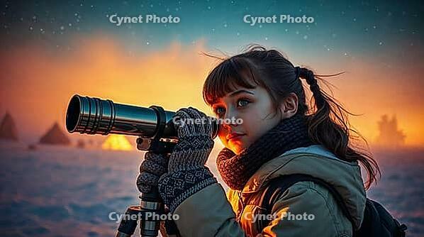 A young teen girl looks through a telescope as the sun sets in a snowy field. Tents are visible in the background, and a warm glow fills the scene, creating a magical atmosphere. AI generated [IBR123641905]