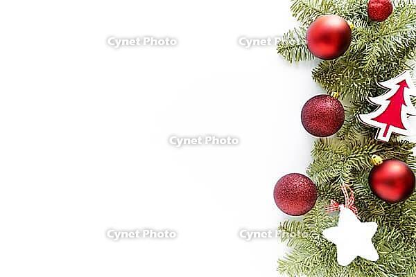 Christmas composition. Christmas balls, wooden christmas tree, fluffy star, fir branches on white background. Flat lay, top view, copy space, above [IBR123646486]