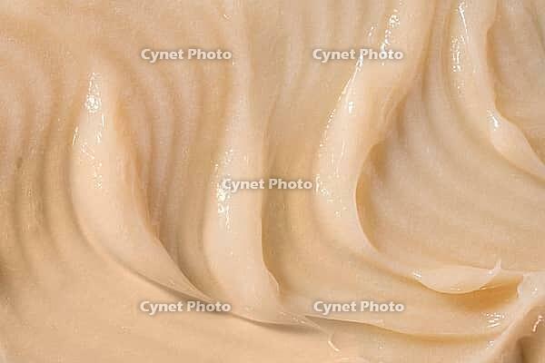 Body care balm, retinol serum, shampoo wavy texture. Hair conditioner cream background. Yellow cosmetic lotion moisturiser sample closeup. Skincare mask smear, creamy cleanser product swatch [IBR123646500]