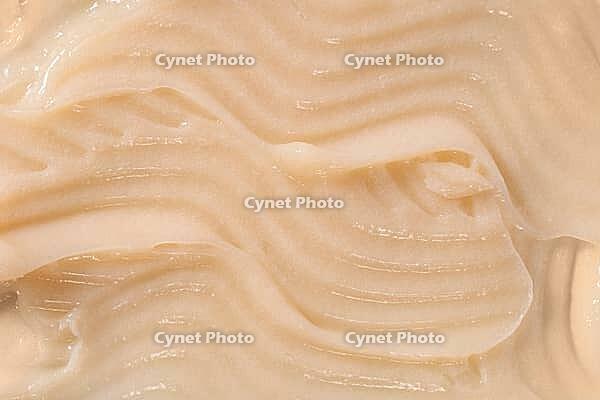 Body care balm, retinol serum, shampoo wavy texture. Hair conditioner cream background. Yellow cosmetic lotion moisturiser sample closeup. Skincare mask smear, creamy cleanser product swatch [IBR123646503]