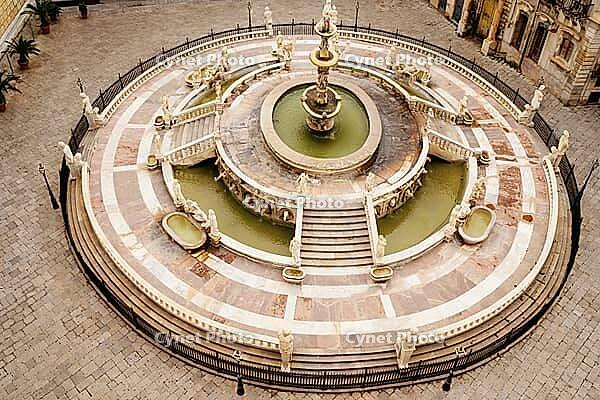 Palermo, Italy - 06.11.2022: Historic Praetorian Fountain in piazza Pretoria featuring baroque sculptures [IBR123646540]
