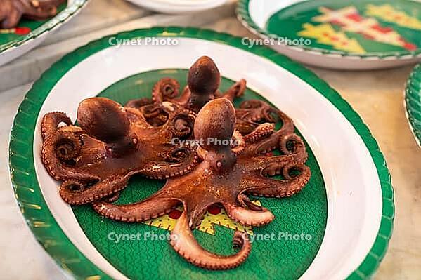 Palermo, Italy - 06.11.2022: Deliciously cooked octopus on decorative plates at festive seafood feast [IBR123646550]
