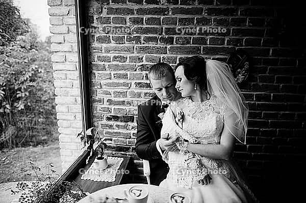 Wedding couple at vintage cafe at autumn day [IBR123675106]