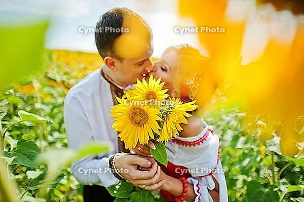 Wedding beautiful couple in traditional dress at the sunflower [IBR123675125]