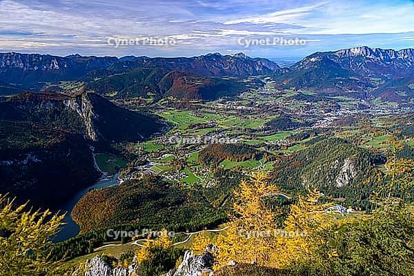 Panoramic view of a green valley with autumnal mountains, Berchtesgaden National Park, Schönau am Königssee, Bavaria, Germany [IBR123700011]