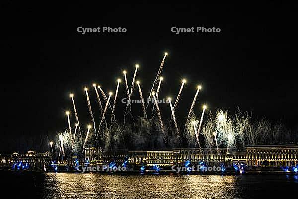 Fireworks over the river. Bright laser show. Holiday in the city. Summer performance [IBR123700096]
