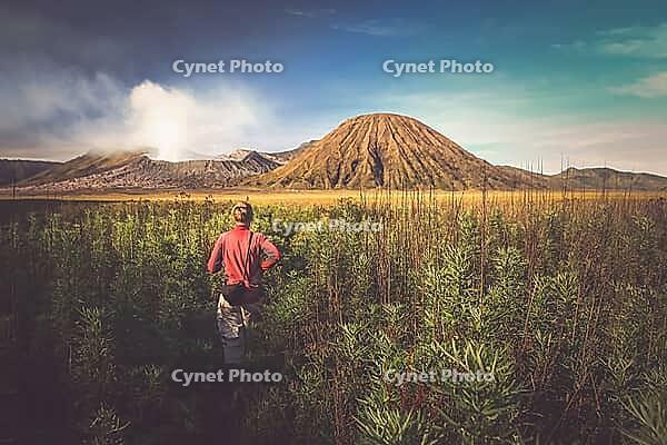 Female tourist walking through the high grass towards the craters of Gunung Bromo and Sumeru volcanoes in Java, Indonesia [IBR123713307]