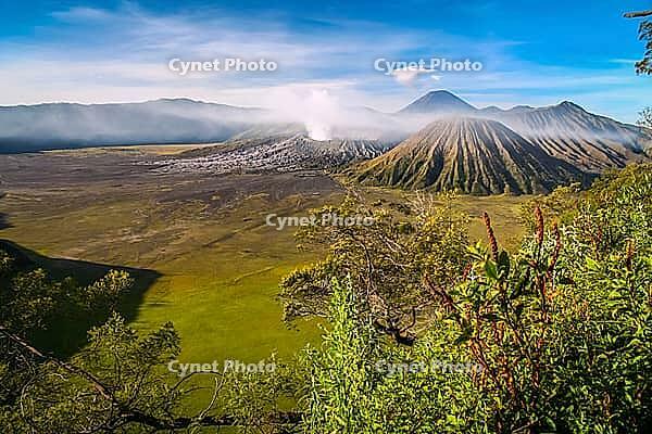 Early morning after sunrise view of the spectacular Gunung Bromo and Sumeru volcanoes in Java, Indonesia [IBR123713314]