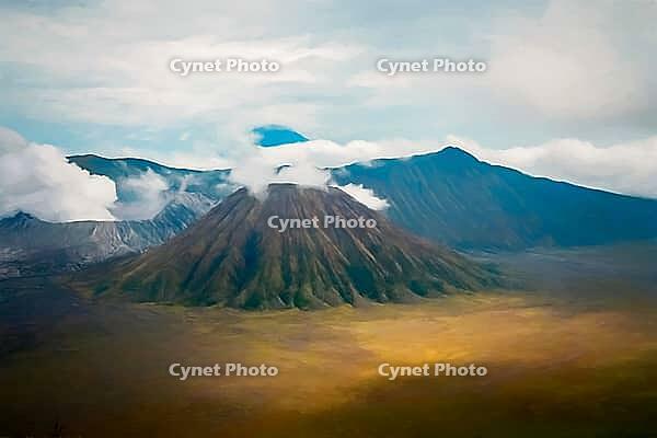 Early morning after sunrise view of the spectacular Gunung Bromo and Sumeru volcanoes in Java, Indonesia [IBR123713321]