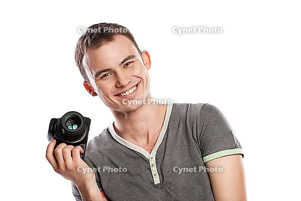 Portrait of male photographer with camera isolated on white background [IBR123723155]