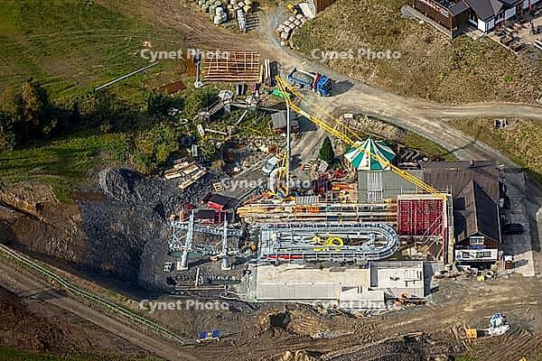 View the ski lifts in front of next season in Winterberg, Winterberg, Hochsauerland, North Rhine-Westphalia, Germany, Europe, aerial view, birds-eyes view, aerial photography, aerial photography, overview, overview, bird's eye view [IBR112876043]