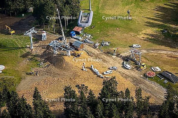 View the ski lifts in front of next season in Winterberg, Winterberg, Hochsauerland, North Rhine-Westphalia, Germany, Europe, aerial view, birds-eyes view, aerial photography, aerial photography, overview, overview, bird's eye view [IBR112876048]
