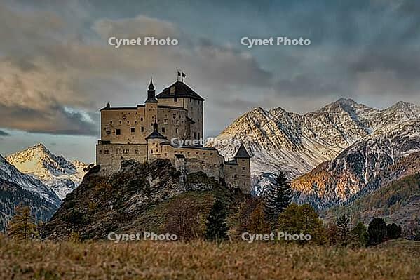 Lighting series, castle on hill in the Alps, Tarasp Castle and ...