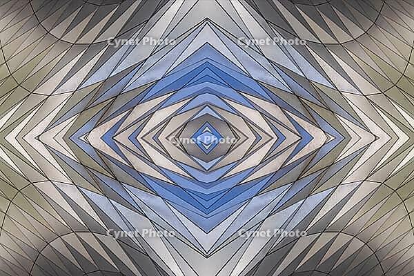 Abstract photography with a symmetrical, diamond-shaped shape that consists of repetitive lines and surfaces in shades of gray, white and blue and creates an impression of rhythm, depth and cool geometric harmony [IBR123760823]