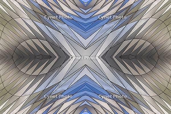 Abstract photography with a symmetrical, diamond-shaped shape that consists of repetitive lines and surfaces in shades of gray, white and blue and creates an impression of rhythm, depth and cool geometric harmony [IBR123760824]