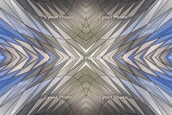 Abstract photography with a symmetrical, diamond-shaped shape that consists of repetitive lines and surfaces in shades of gray, white and blue and creates an impression of rhythm, depth and cool geometric harmony [IBR123760847]