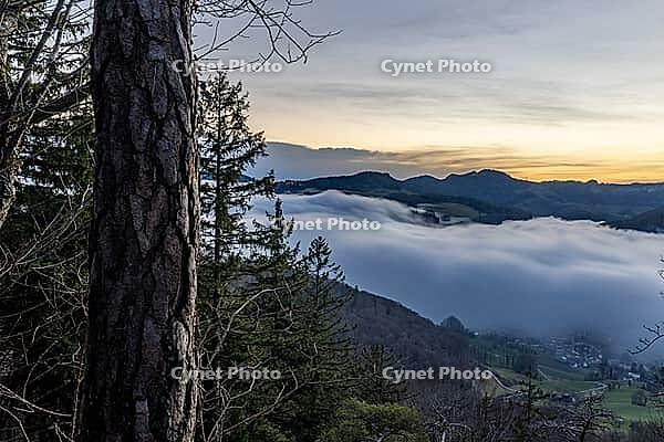 Fog flow, high fog flows over Unteren Hauenstein Pass into the Basel area, long exposure, Wisenberg, Baselland, Switzerland [IBR123769693]