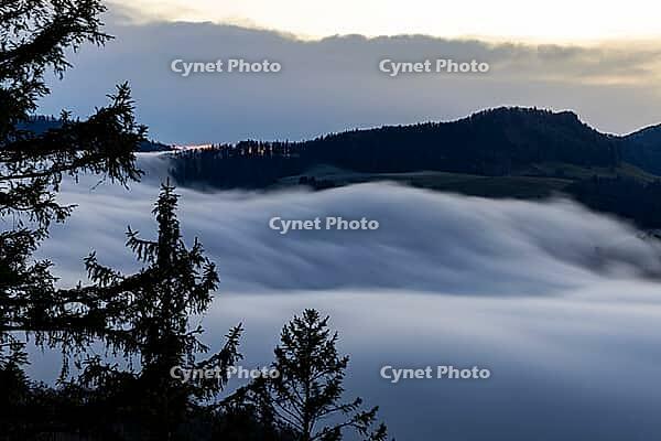 Fog flow, high fog flows over Unteren Hauenstein Pass into the Basel area, long exposure, Wisenberg, Baselland, Switzerland [IBR123769695]