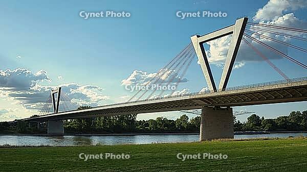 Airport bridge of the A44, cable-stayed bridge, motorway bridge across the Rhine near Meerbusch Düsseldorf, North Rhine-Westphalia, Germany [IBR123769699]
