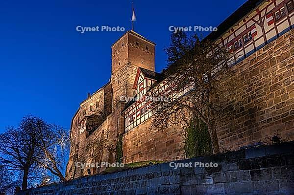The Nuremberg Kaiserburg in evening lighting, blue evening sky, Mount of Olives, Nuremberg, Mittelfranlen, Bavaria, Germany [IBR123774717]